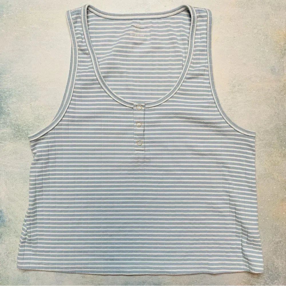 Aerie Blue & White Striped Ribbed Cropped Henley Tank Top | Medium - Picture 1 of 7